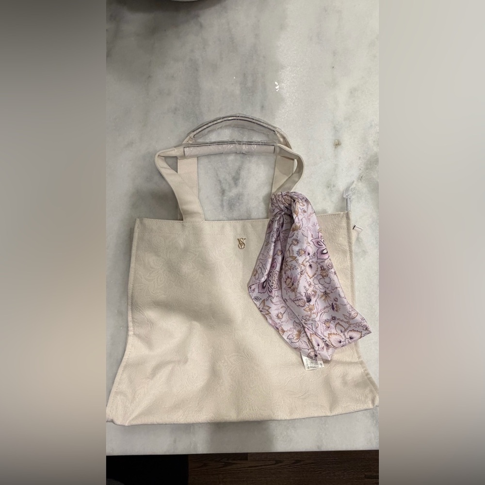 Victoria's Secret Cream Tote Bag with Floral Scarf